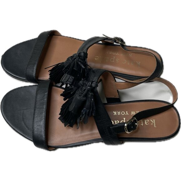 KATE SPADE NEW YORK LA DANSE Black Leather Tassel Flat Ankle Strap Sandals 10B - Picture 6 of 8